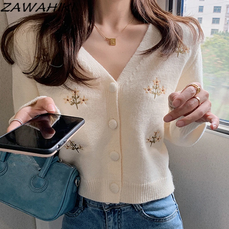 

ZAWAHIKI Flower Embroidery Sweet Sweaters Korean Student V Neck Loose Short Tops for Women Long Sleeve Button Up Cardigans