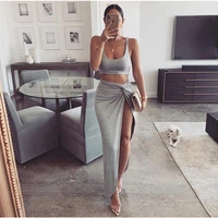 2021 summer sling tube top mid length solid color high split two piece womens suit long skirt new solid color skirt suit