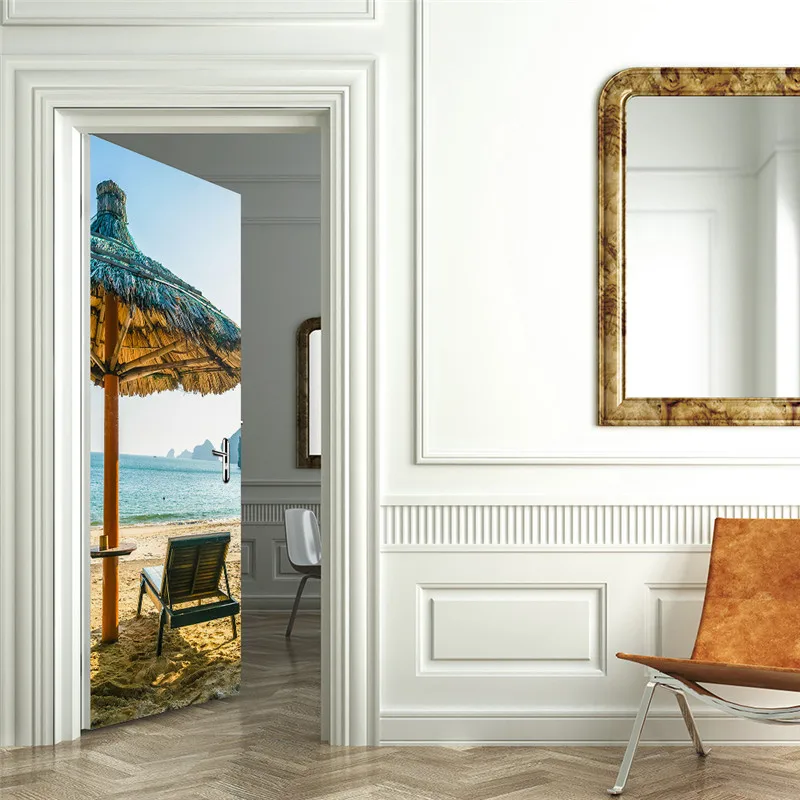 Наклейки на дверь пляж солнце зонт креативный дизайн жизни обои домашний декор