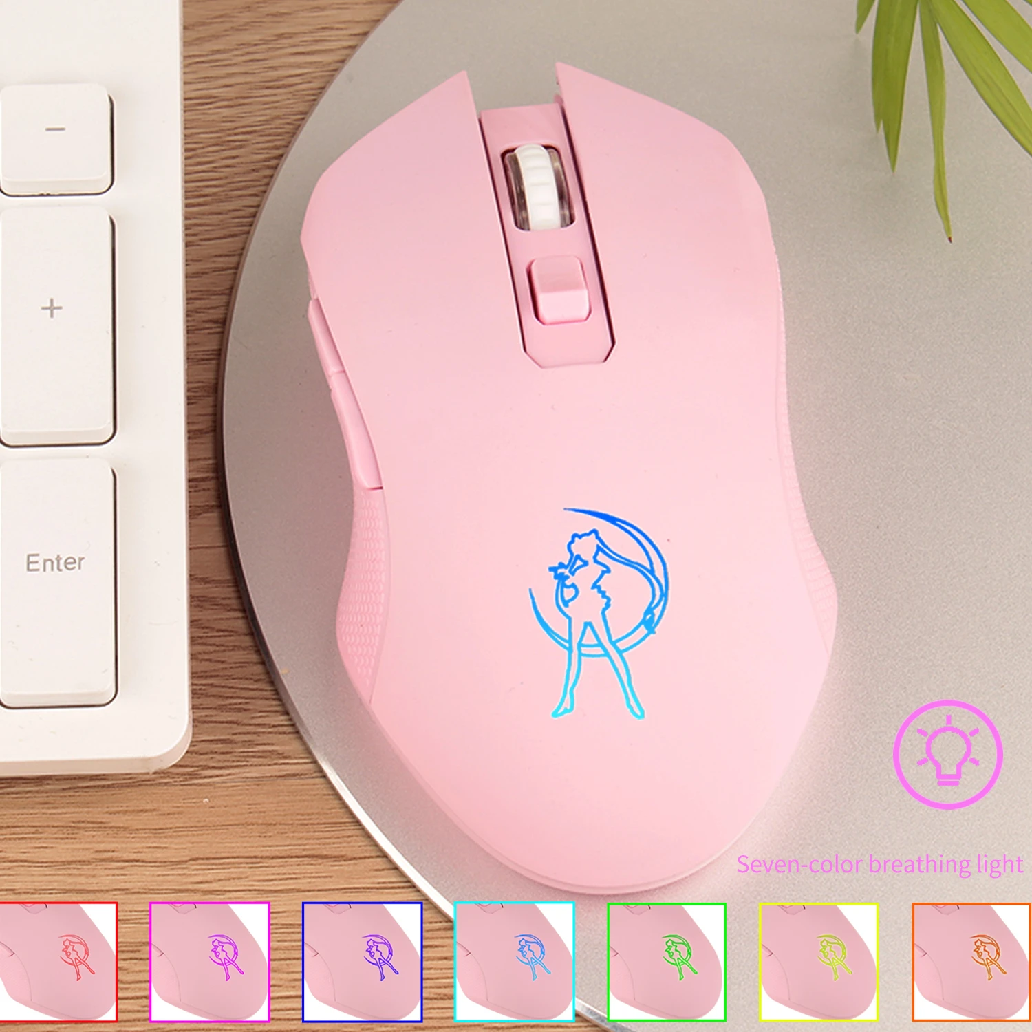 

Pink Computer Backlit Gaming Mouse Optical Rechargeable Ergonomic Sailor Moon Colorful Mause Girl Women Silent Mice 2400DPI