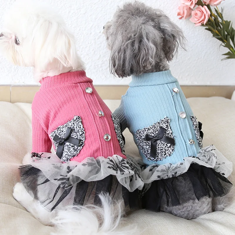 

Rhinestone Lace Pet Dog Clothes Winter Warm Dog Dress With Hat Dog Shirt Hoodies Coats Clothing For Dogs Cat Yorkie Teddy