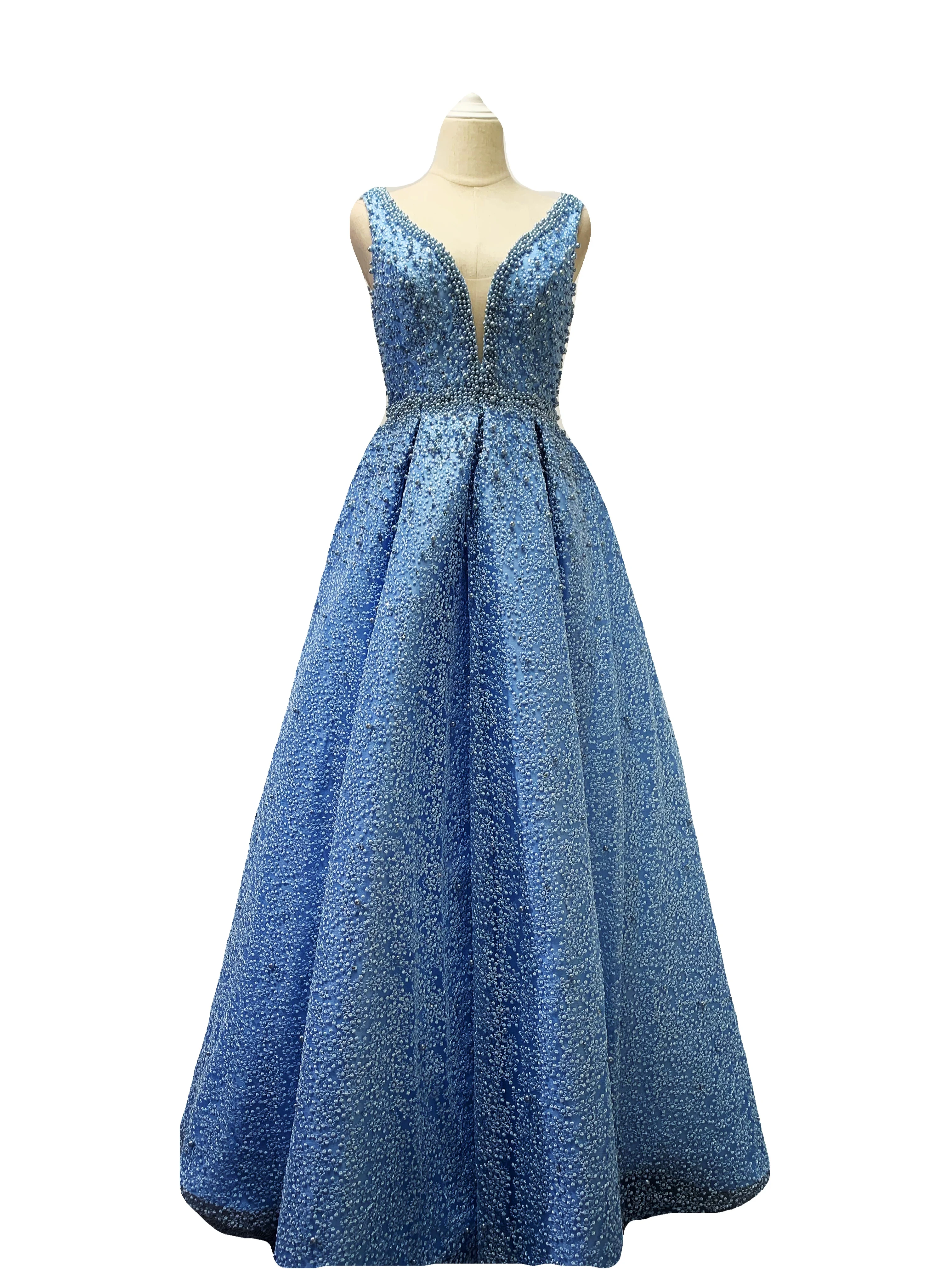 Вечернее платье 2021 модное светло-голубое длинное с V-образным вырезом и бисером