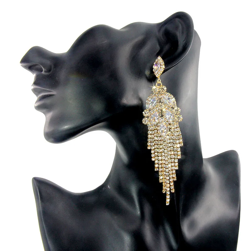 

New Fashion Exaggerated Crystal Tassel Earrings Cubic Zirconia Drop Earrings Nightclub Party Jewelry Wedding Gifts Ear Pendant