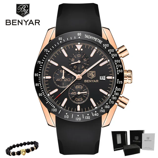 1-Gold Black BENYAR мужские часы Топ люксовый бренд Бизнес Сталь Кварцевые Часы повседневные водонепроницаемые мужские наручные часы Relogio Masculino - Цвет: 1-Gold Black