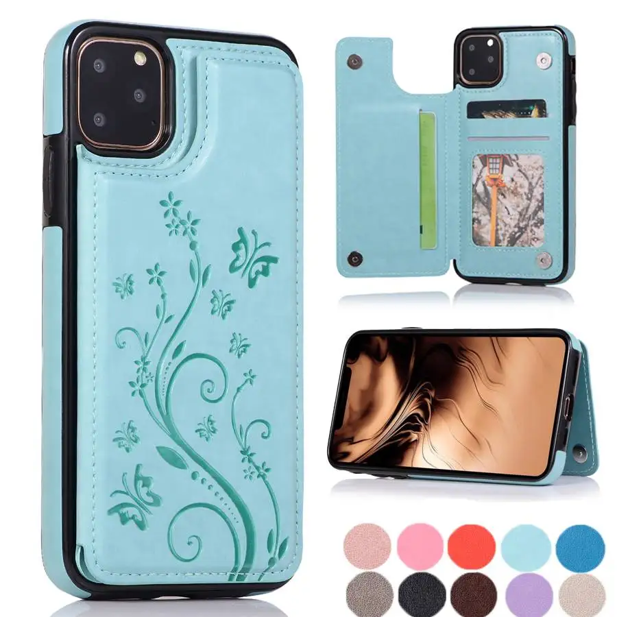 

Butterfly Embossed Color Leather Wallet Case For iPhone Xs Xr 11 12 13 Mini Pro Max 8 7 6s Plus 5 S se2020 Women's Phone Case