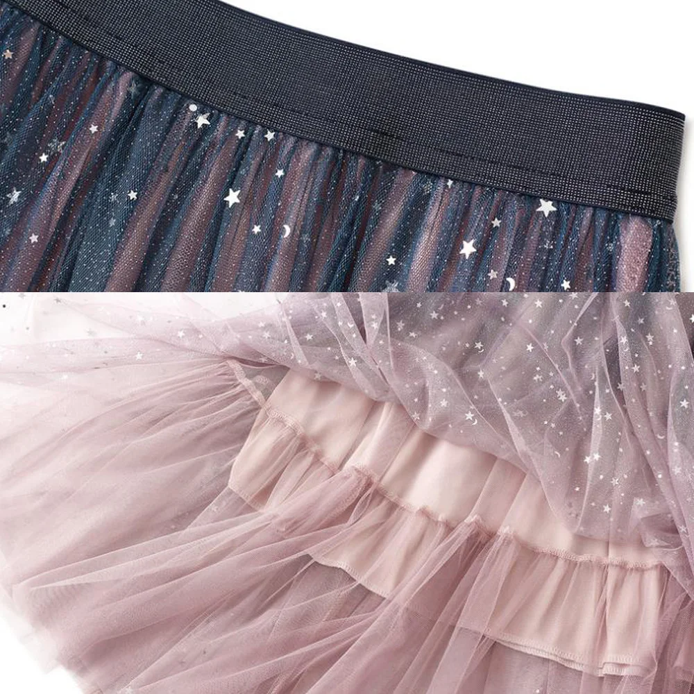 Женская плиссированная юбка из тюля голубая и розовая средней длины с