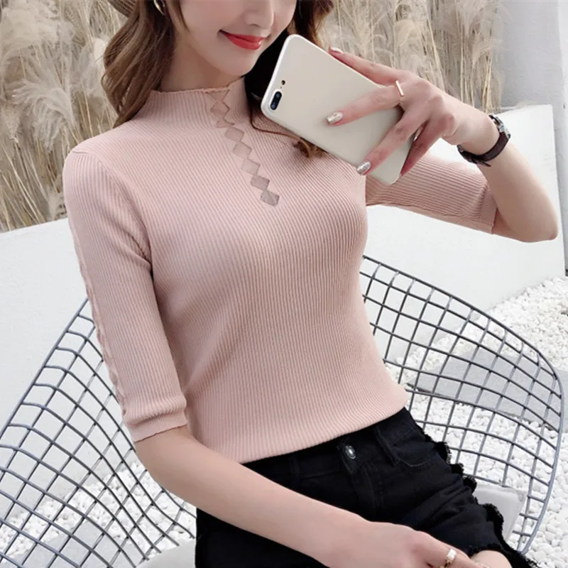 Women's Knitted Half Sleeve Solid T-shirts Girls Knitting Stretchy Turtleneck Sweater Pullovers Ice Silk Tees Top for Female 143 | Женская