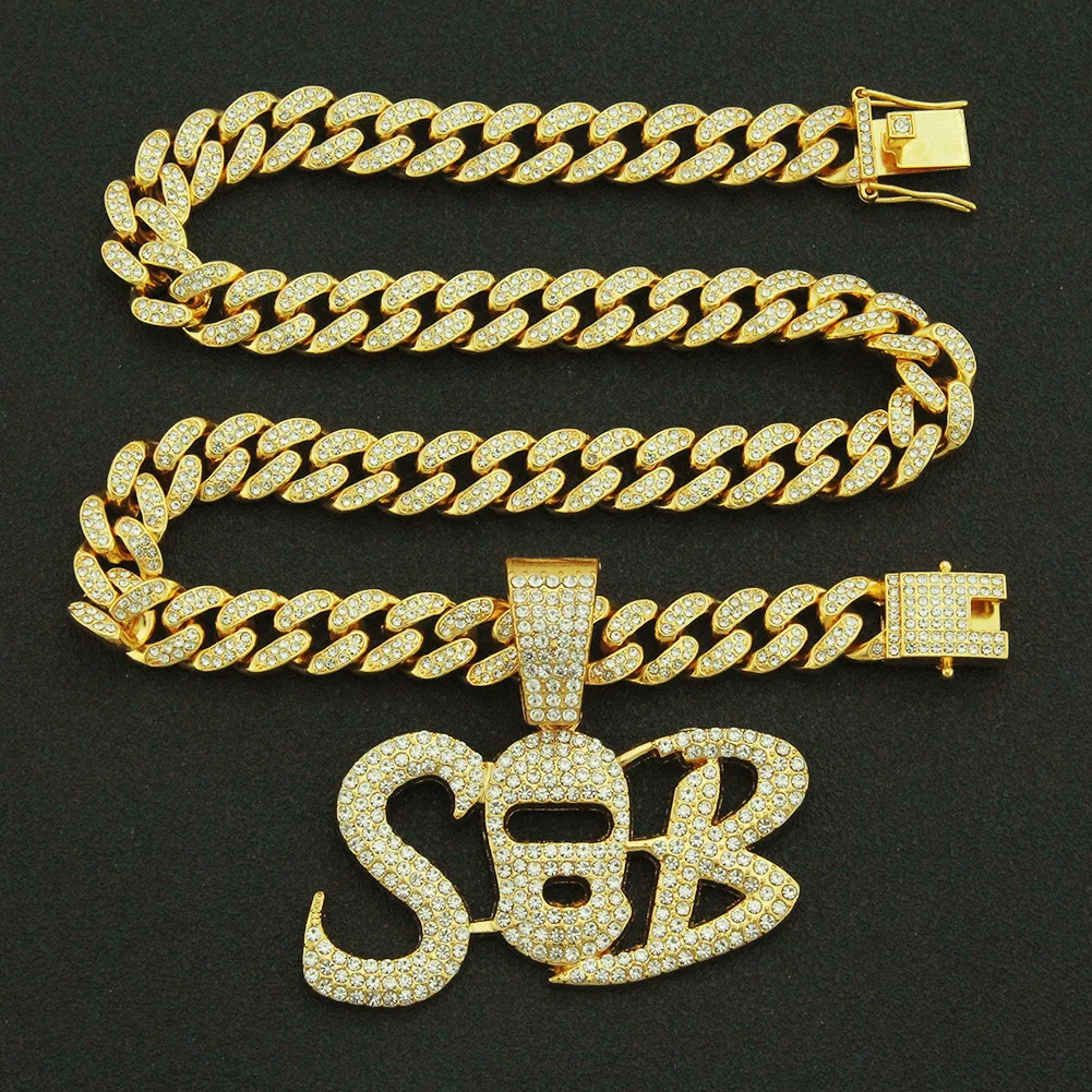 

6pcs Letter SB Pendant Necklace Hiphop Chain Jewelry Cuban Chain Iced Out Bling Bling Necklaces Men Jewellery Dropshipping