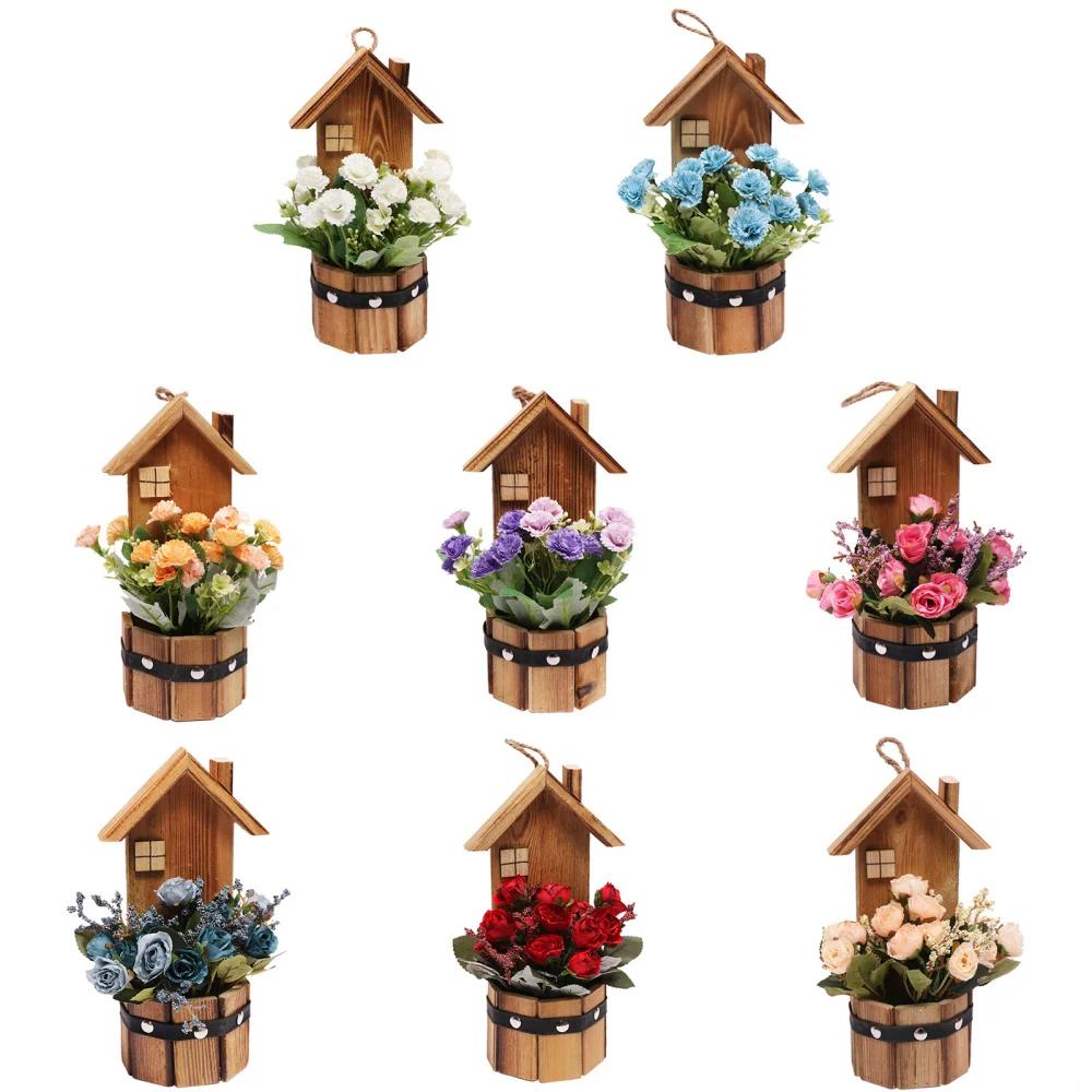 Подвесной деревянный дом в горшке искусственный цветок деревянное украшение для