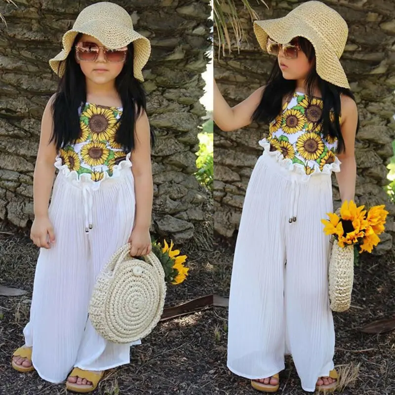 Милая Одежда для маленьких девочек топы с подсолнухами + длинные штаны оборками