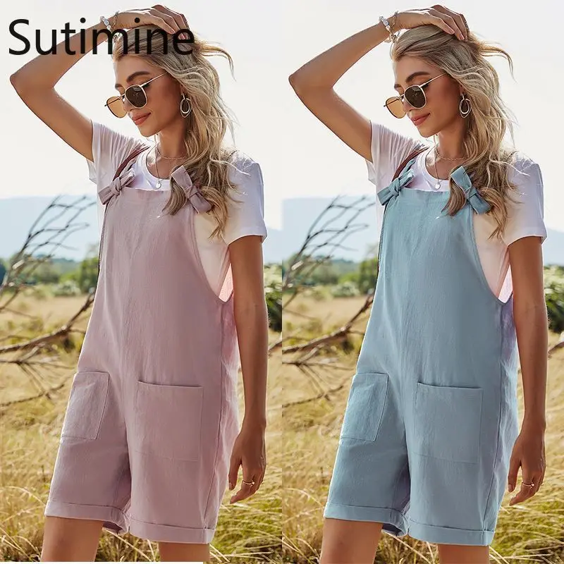 

Women Rompers Summer Sleeveless Jumpsuit Pink Pocket Suspenders Bib Short Pants Wide Leg Pocket Playsuits Overalls