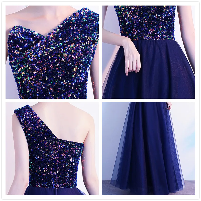 

Patchwork Banquet Dresses For Women CR315 Sleeveless Robe De Soiree A-Line Long Evening Dress One-Shoulder Sequin Gowns 2020