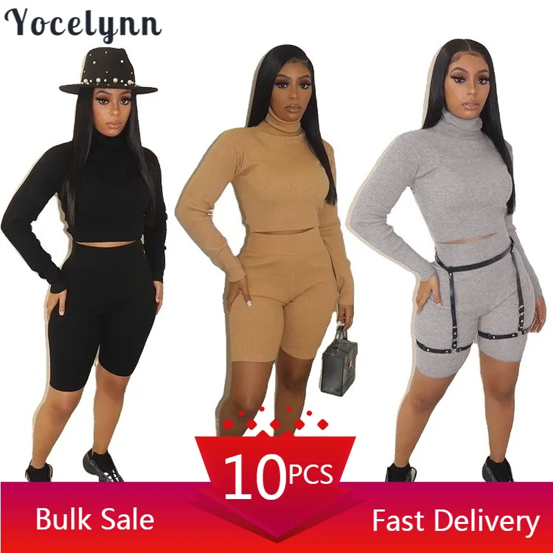 

Bulk Items Wholesale Lots Ribbed Two Piece Sets Women Long Sleeve Turtleneck Tops Jogger Shorts Pants Women Fall Sportswear Suit