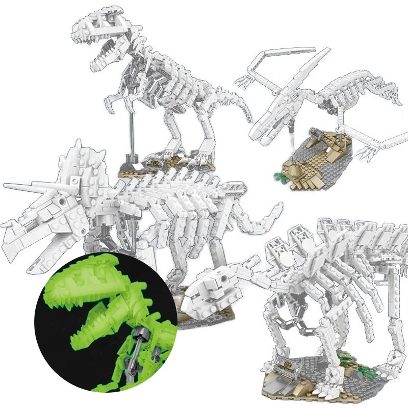 

4 Types Luminous Dinosaurs Fossils Skeleton Building Blocks Jurassic Dino Museum Bricks Learning Science Toys For Children Gifts