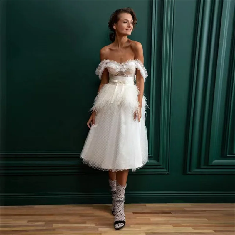 

Feather Prom Dresses Lace Appliques Dots Evening Dress Custom Made Bow Tea Length Sleeveless Off Shoulder Back Zipper Party Gown