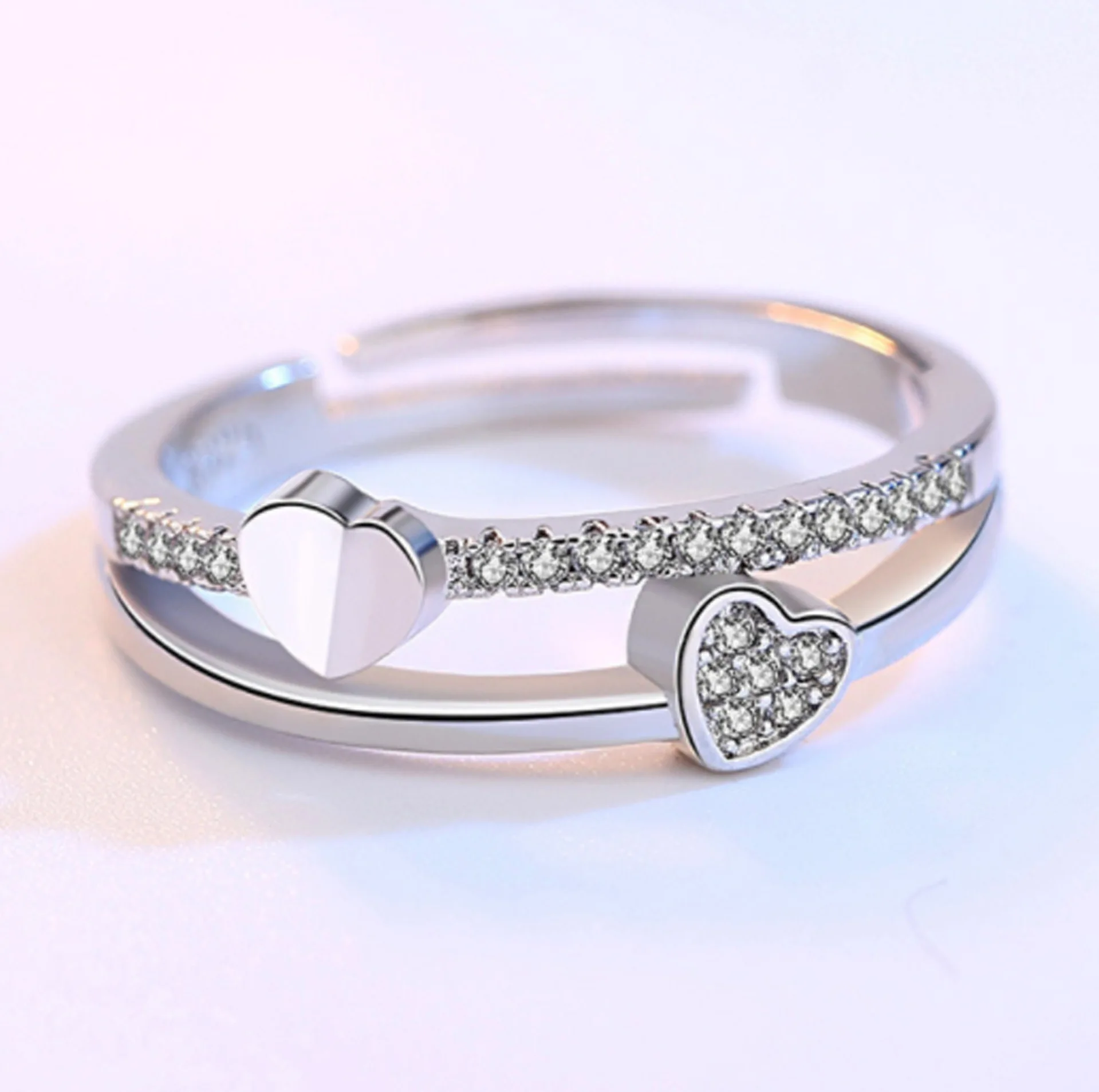 

Fashion Charm Woman AAA Cubic Zirconia Silver Color Ring Simple Double-deck Love Heart Adjustable Ring for Women Wedding Jewelry