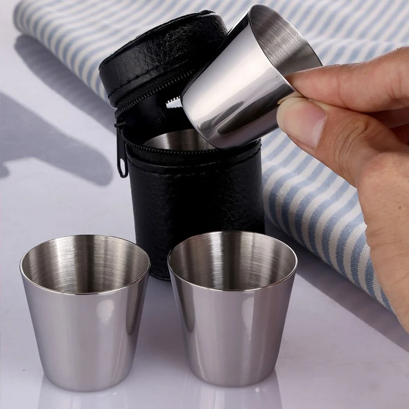 

4pcs 30ml Outdoor Practical Stainless Steel Cups Shots Set Mini Glasses Travel Whisky Wine Portable Drinkware Set Coffee Mug Cup