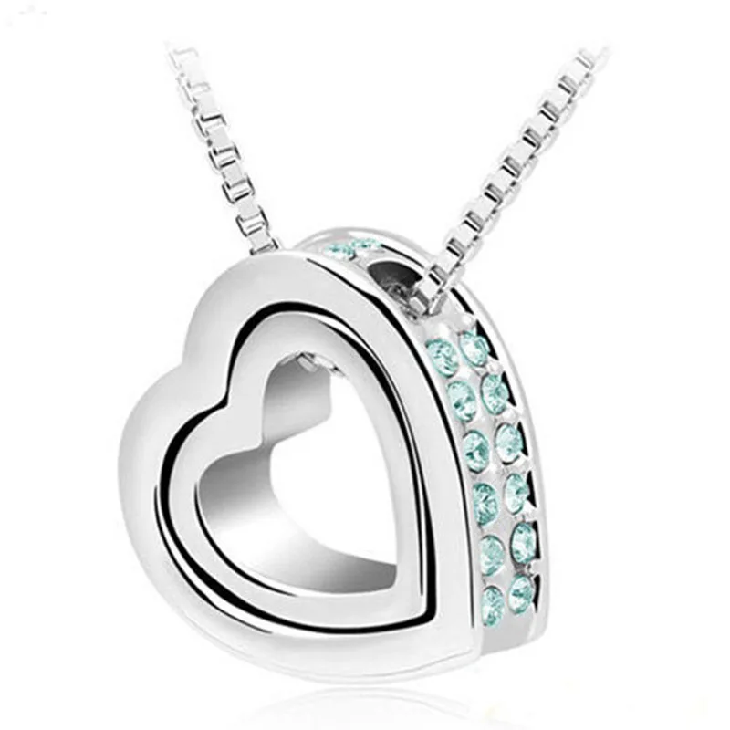 Silver.OceanBlue Новое качество австрийский кристалл АААА+ двойное сердце со стразами кулон свитер цепь ожерелье шарм Женская мода ювелирные изделия - Окраска металла: Silver.OceanBlue