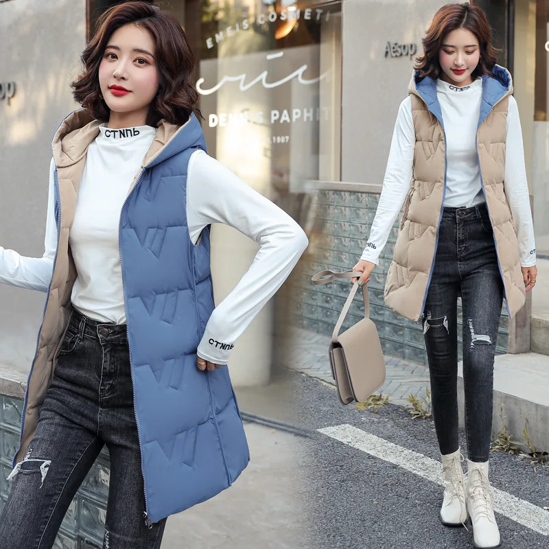 

Double Sides Wear Autumn Winter Waistcoat Women Hooded Medium-Long Sleeveless Jacket Coat Female Warm Cotton Vest Overwear Y050