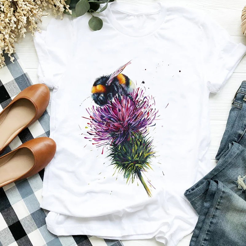 

Women Lady Floral Watercolor Bee Fashion Casual 90s Print T Tee Womens Tshirt for Female Shirt Clothes Top Graphic T-shirt