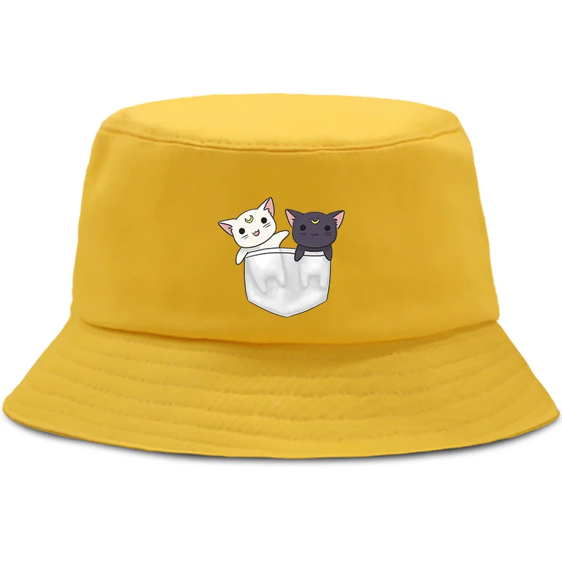 

2020 Sailor Moon Fashion Sun Hat Harajuku Short Sleeve Fun Ulzzang Unisex Anime Cute Cat Cartoon Top Female yellow Fisherman Hat