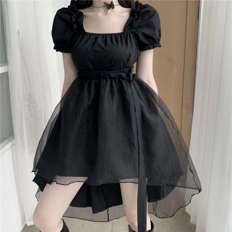 

Gothic Harajuku Goth Dress Summer Korean Asymmetry Style Fairy Mesh Elegant Puff Sleeve Black Dress Vintage Dresses Women 2021