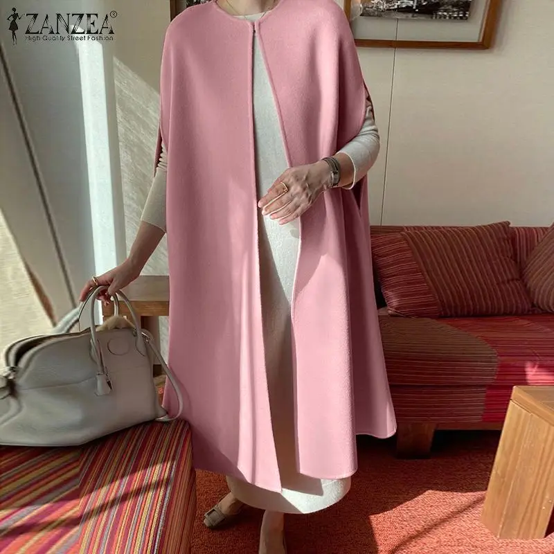 

Women OL Casual Long Poncho Oversize Elegant Open Front Coats Spring Autumn Sleeveless Woolen Outwear ZANZEA Fashion Solid Capes