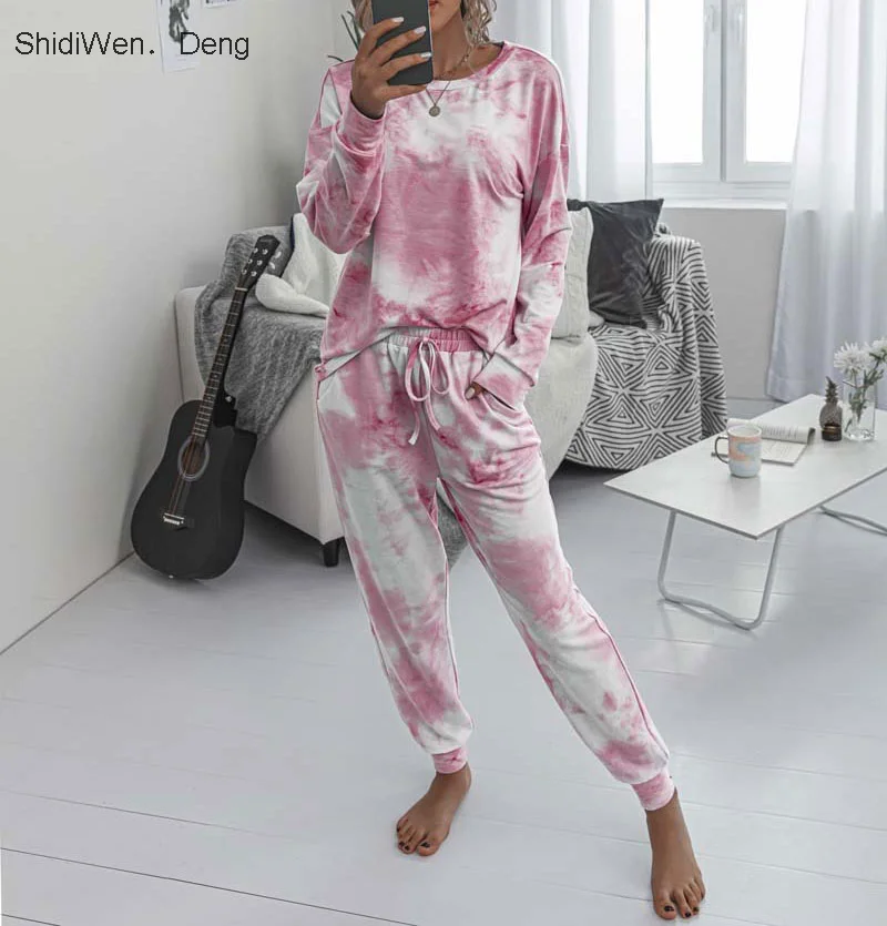 

2020 Women's Pajamas Tie Dye Lounge Wear Loungewear Women Pajamas Set Tie Dye Sleep Set Lounge Set Long Sleeve Sleepwear Women
