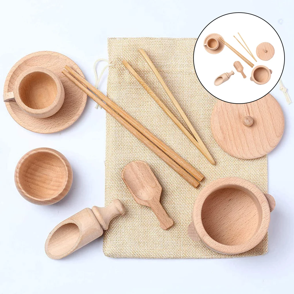 

Wooden Kitchen Tableware Toys Pretend Play Toy Simulation Educational Toys Simulation Tableware Set for Boys Girls