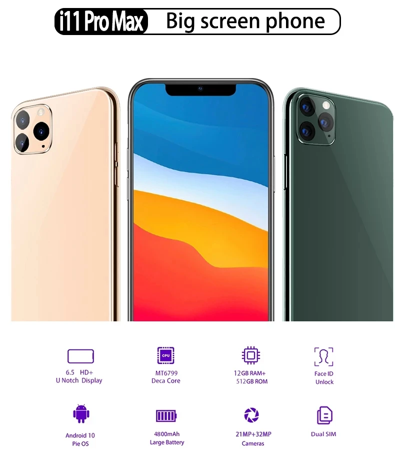 

Hot i11 Pro Phone 6.6 Inch Smartphones Universal 5G LET Cellphones 10-Core MTK6889 12GB+512GB Face ID Dual SIM Mobile Phone