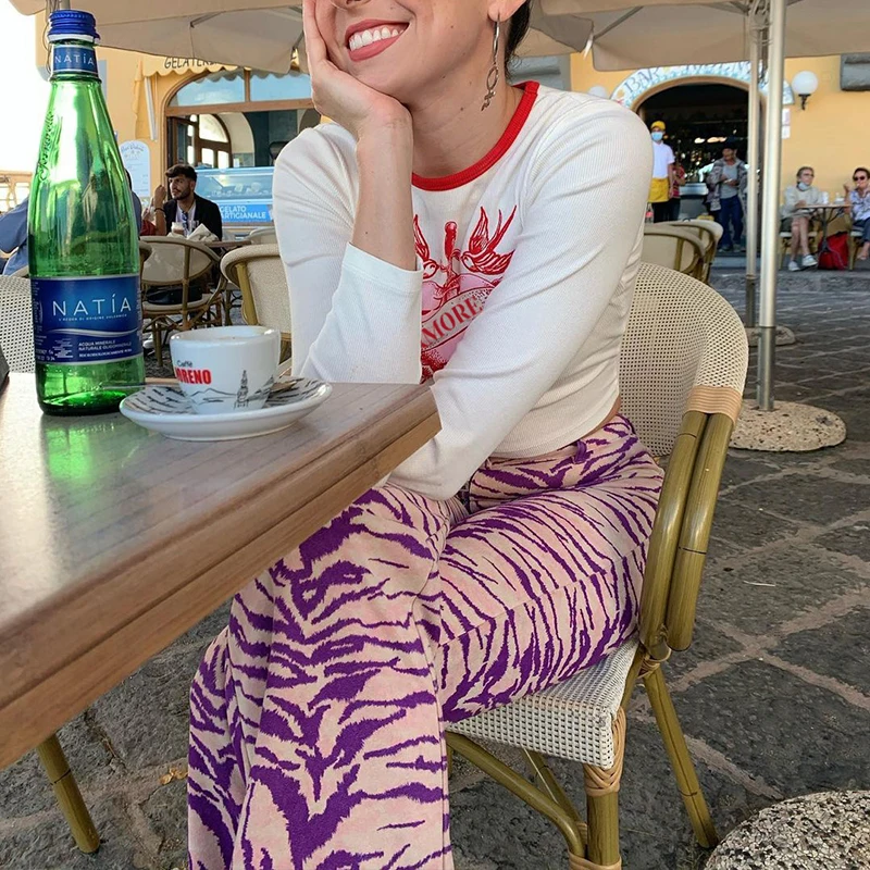 Фиолетовый Тигр Полосатый Y2K эстетическое джоггеры Для женщин расклешенные