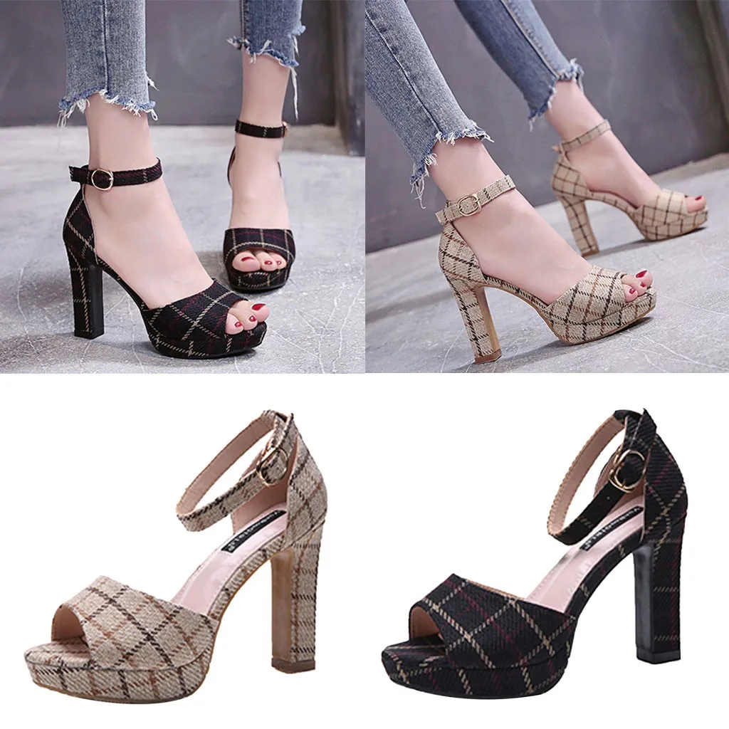 Женские летние клетчатые сандалии тканевые туфли на высоком каблуке модные