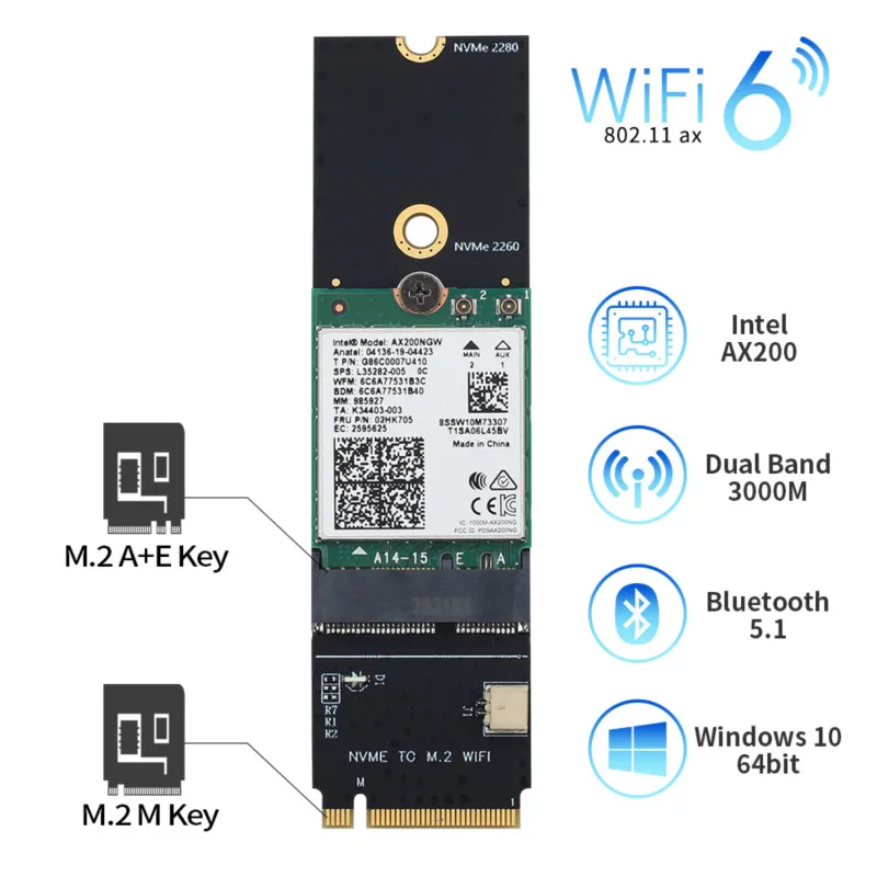 Карта переходника AX200 AX200NGW на M.2 Key M 3000 Мбит/с 802.11ax для беспроводной сетевой карты
