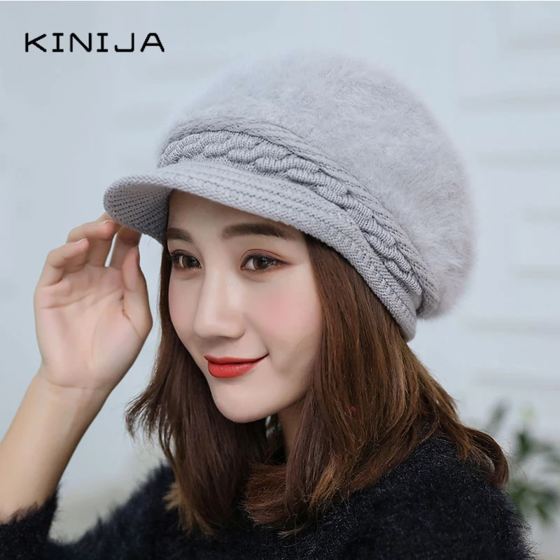 Зимние теплые женские вязаные шапки бини шапка из кроличьего меха теплая и