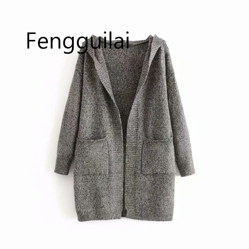 

FENGGUILAI 2019 Autumn Winter Popular New European And American Fashion Double Pocket Hooded Cardigan Sweater Grey Khaki