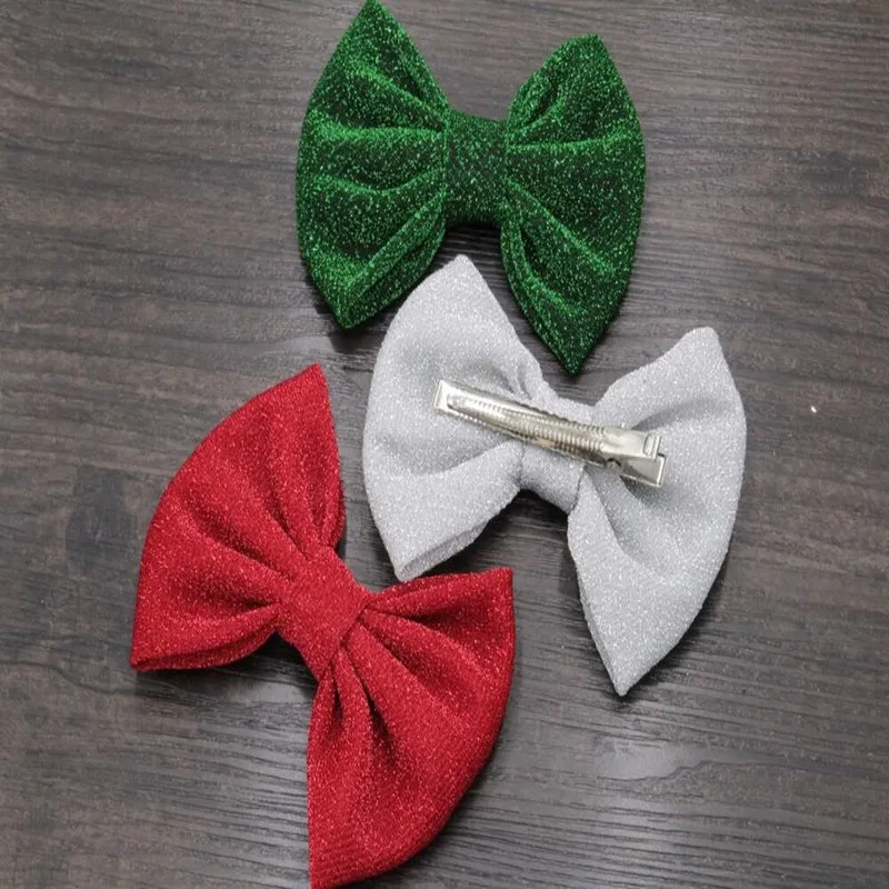 

10Pcs/Lot Christmas Bows Accessories4''/5" Glitter Flowers With/Without Clips Headwear HSolid Colors Hair ClipsFree Shipping
