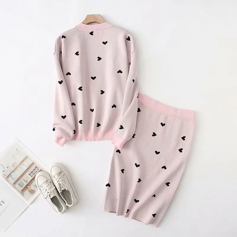 korea chic heart pattern knitted suit women skirt set autumn winter knitted suit 2 piece set sweet top and skirt