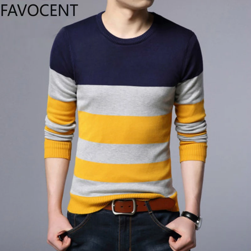 Мужской трикотажный свитер в полоску с круглым вырезом | Мужская одежда