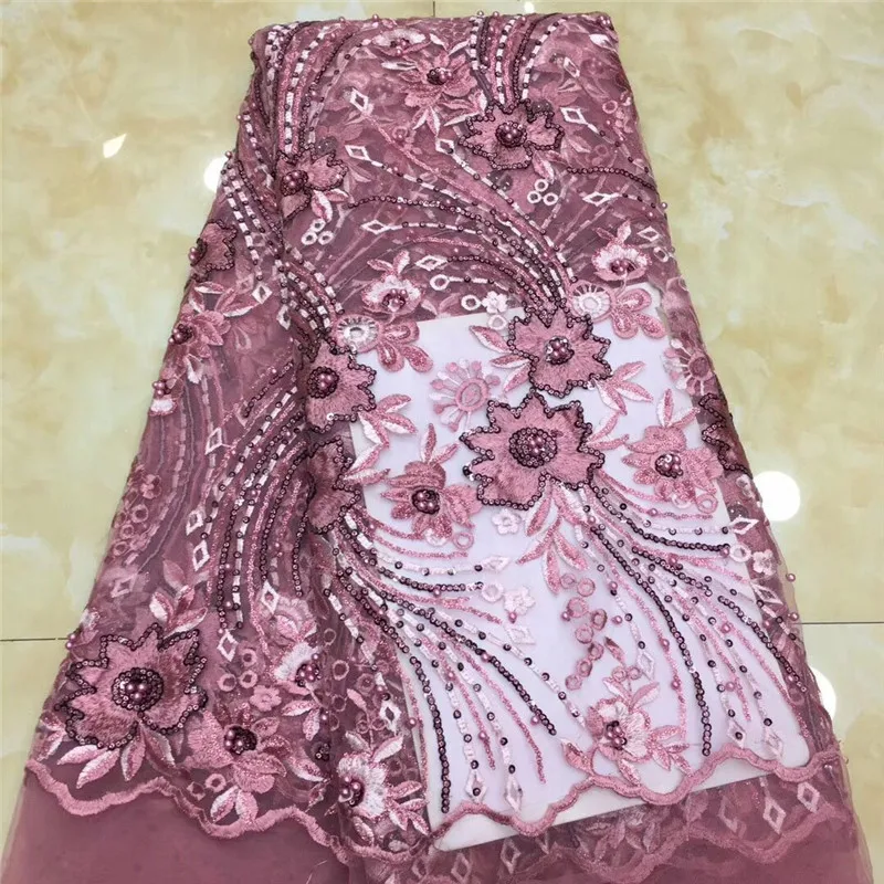 African pink Lace With beads Embroidery Textile Fabric High Quality Sequins French Tulle Fabrics For Wedding Party | Дом и сад