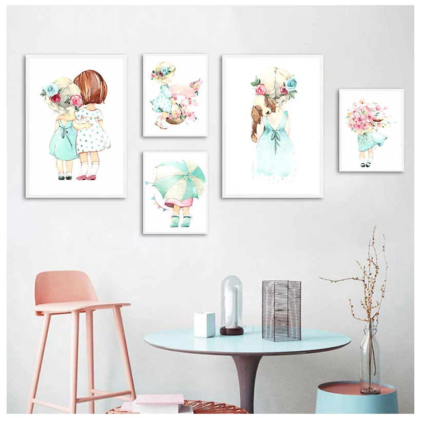 

Симпатичные для маленьких девочек розы зонтик Nordic Плакаты и принты настенный художественный холст картина настенные картины для детской к...