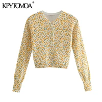 kpytomoa women 2021 fashion floral jacquard cropped knitted cardigan sweater vintage long sleeve female outerwear chic tops
