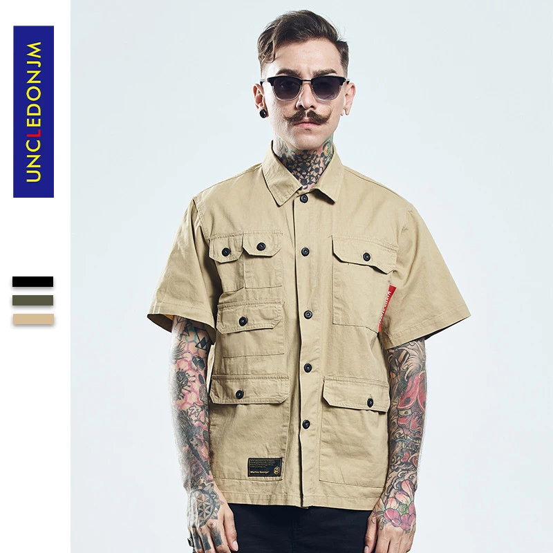UNCLEDONJM хип хоп Уличная рубашка мужская камуфляжная с коротким рукавом летняя harajuku