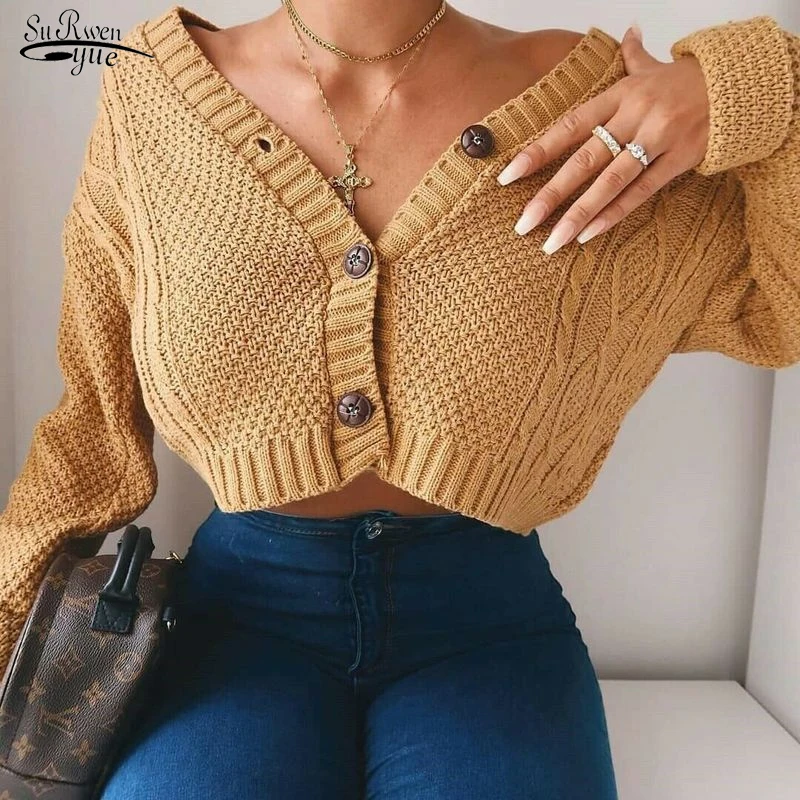 

Женский короткий вязаный кардиган, укороченный свитер с длинным рукавом, вязаный крючком Топ для девушек на осень и зиму, 17700