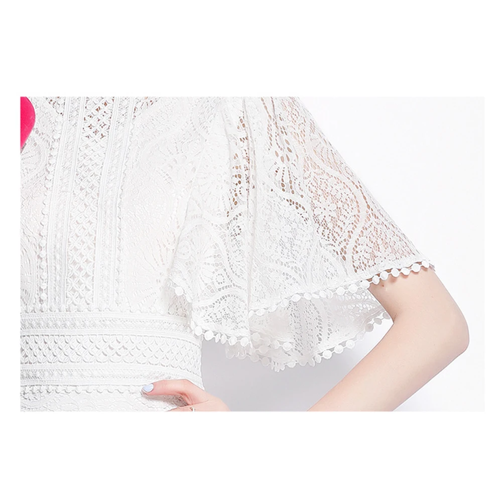 

Simgent White Long Lace Dress Women Summer Cloak Sleeve Hollow Out A Line Stand Collar Elegant Midi Dresses Vestidos SG16258
