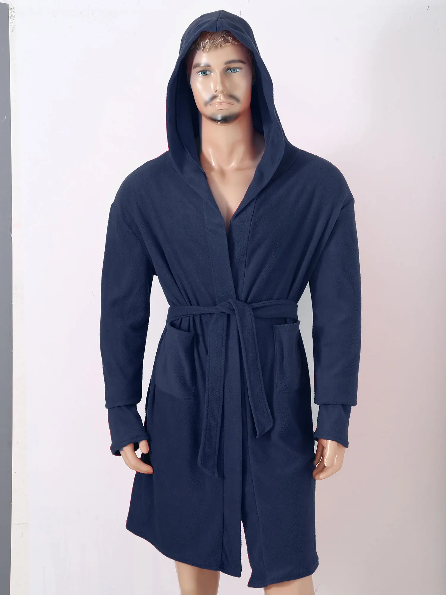 Mens Hooded Robe Night-robe Winter Warm Long Fleece Bathrobe  Plush Sleepwear Loungewear with Belt