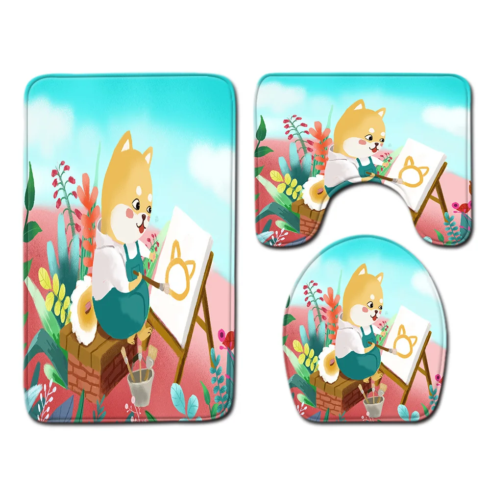 

Cartoon Printed Bath Mat Set Washable Bathroom Carpet Toilet Cover Bath Mat Absorbent Microfiber Foot Mat Non-slip Shower Mat