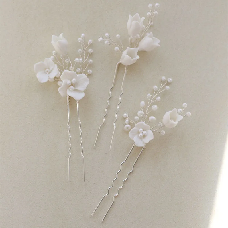 

SLBRIDAL Handmade Ins Style Ceramic Flower Pearls Bridal Hair Pin Set Wedding Hair Sticker Hair Accessories Women Hair Jewelry