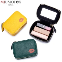 2020 new women lipstick bag genuine leather female makeup pouch with mirror earring bag portable girl mini cosmetic storage case