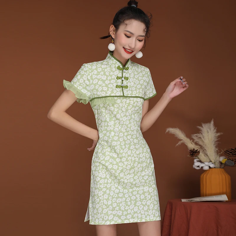 

Ms chun xia new big beautiful short-sleeved thin tall waist retro daily short cheongsam of cultivate one's morality