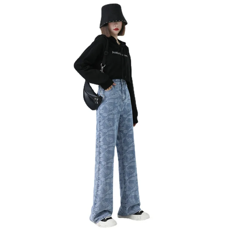 

Jeans Moms Vintage Jacquard Print High Waist Wide Leg Long Denim Pants Women 2021 Summer Fashion Streetwear Straight Trousers